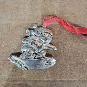 Gorham Silver tone Non Metal Snowman On Snow Board Christmas Ornament 2.5 Inches